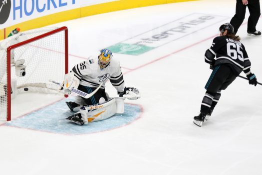 Erik Karlsson scores past Pekka Rinne