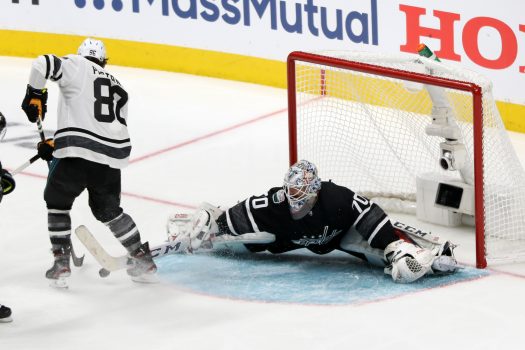 Metropolitan goalie Branden Holtby stretches to stop a shot by David Pastrnak