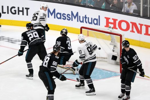 Mikko Rantaneb (96) opens Game 1 scoring with a goal past Pacific goalie John Gibson