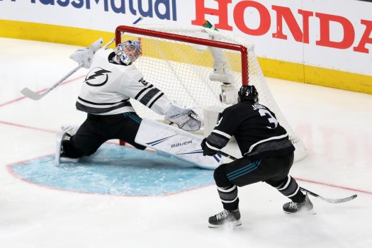 Seth Jones scores a goal in Game 2 past Atlantic goalie Andrei Vasilevskiy