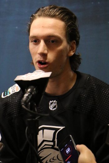 Thomas Chabot (D), Ottawa Senators, speaks to media on 2019 Honda All-Star Media Day in San Jose California