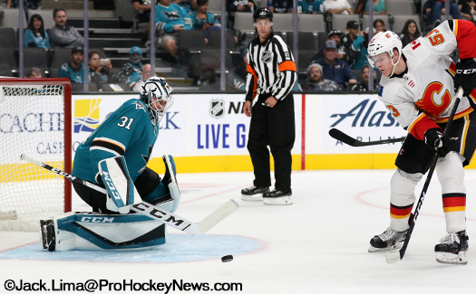 Flames forward Buddy Robinson (53) takes a shot on Sharks goalie Martin Jones