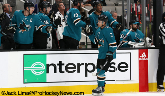 Sharks Dylan Gambrell (7) celebrates his first of two third period goals