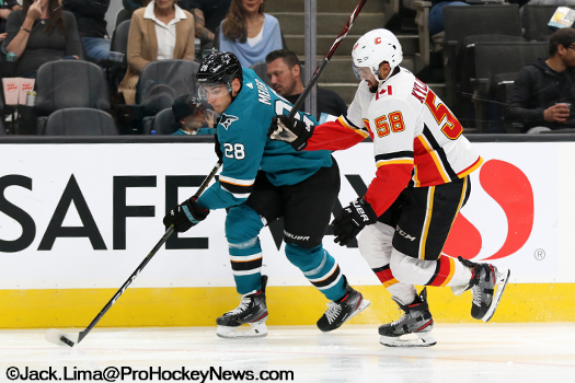 Sharks Timo Meier (28) skates the puck up ice as Oliver Kylington (58) defends