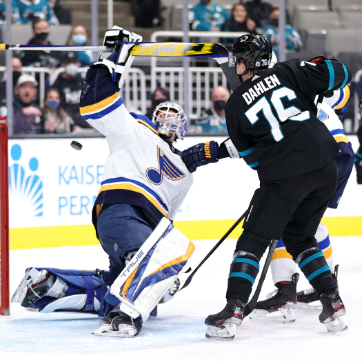 Blues goalie Joel Hofer makes an acrobatic stop