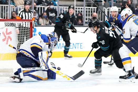 Blues goalie Joel Hofer stops a shot by William Ekland (72)