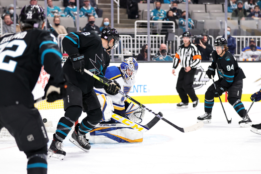 Brent Burns shot (not pictured) elundes Blues goalie Joel Hofer for the Sharks first goal
