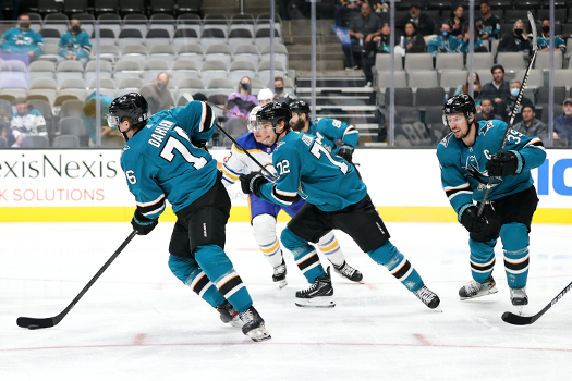 Jonathan Dahlen (76) moves the puck up ice as William Eklund (72) and Logan Couture (39) provide support - Photo by Jack Lima