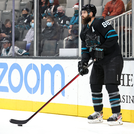 Brent Burns looks to pass up ice during first period action at the SAP center in San Jose - Photo by Jack Lima