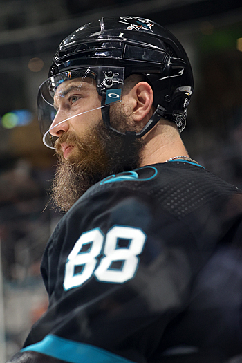 Brent Burns played in his 624th consecutive game, tying Patrick Marleau for the Sharks team record - Photo by Jack Lima