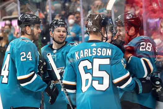 Timo Meier (28) celebrates his fifth goal of the game