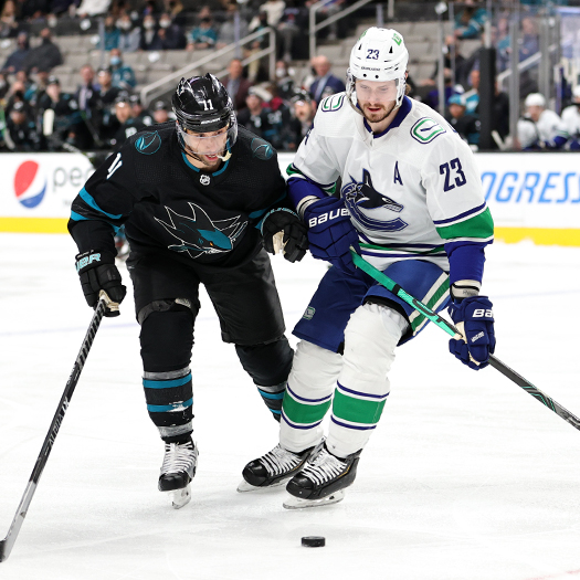 Andrew Cogliano (11) and Oliver Ekman-Larsson (23) fight for the puck.