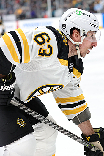 Brad Marchand lines up for a face-off