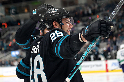 Timo Meier (28) celebrates his third period goal