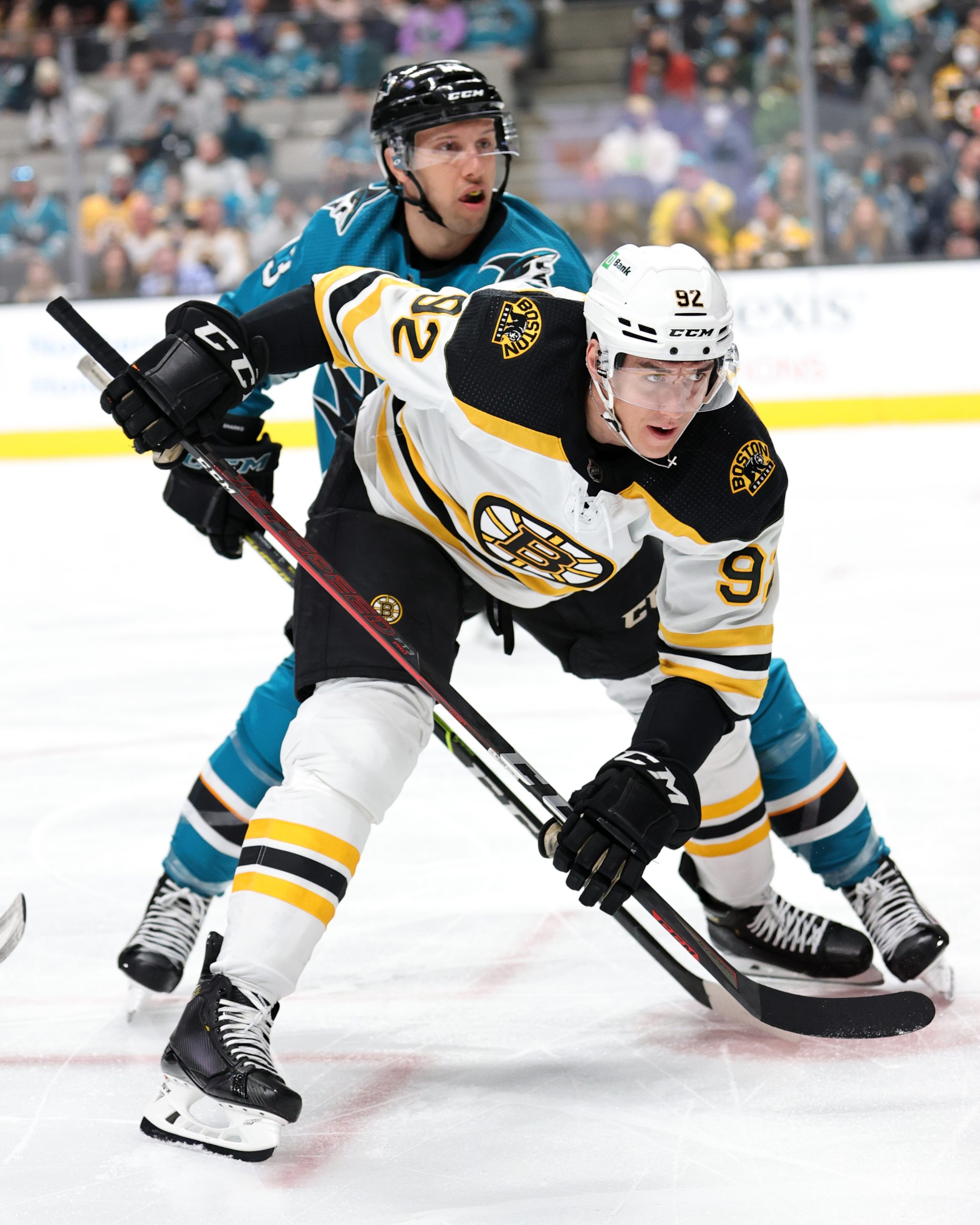 Tomas Nosek (92) and Nick Bonino battle during a face-off