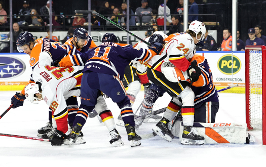 Condors' goalie Stuart Skinner makes a save in heavy traffic in front of his net