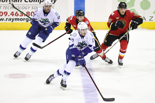 Marc Gatcomb (17) skates the puck up ice