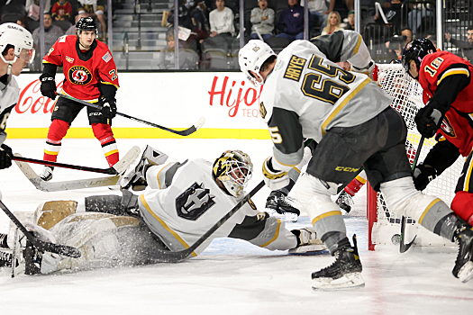 Silver Knights' goalie Jiri Patera (30) reaches back to stop a shot by Byron Froese (18)