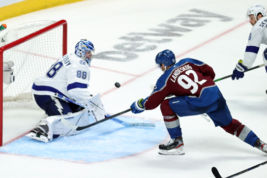 Andrei Vasilevskiy (88) stops a shot by Gabriel Landeskog (92)