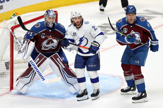 Brayden Point (14) tries to screen goalie Darcy Kuemper (35) as Erik Johnson (6) defends