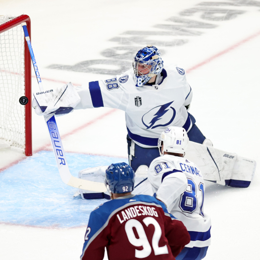 Lightning goalie Andrei Vasilevskiy makes a blocker save