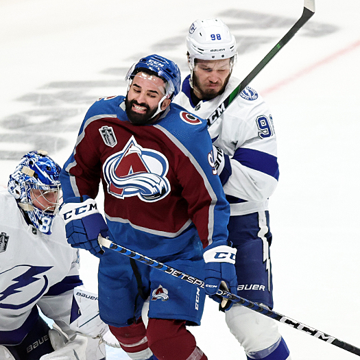 Mikhail Sergachev (98) cross checks Nazem Kadri (91)