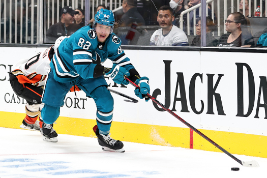 Artem Guryev controls the puck behind the net