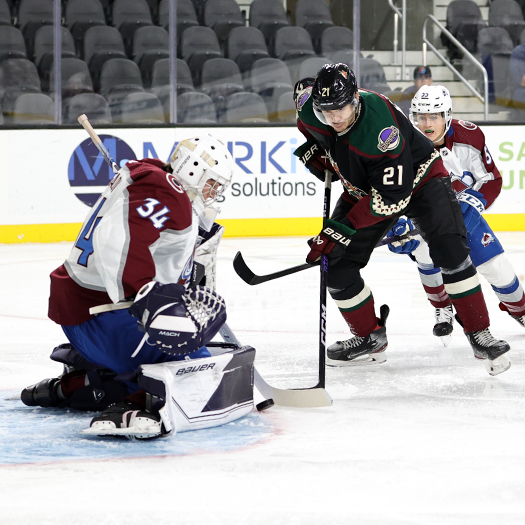 Avalanche goalie Ivan Zhigalov (34) makes a stop on a shot by Milos Kelemen (21)