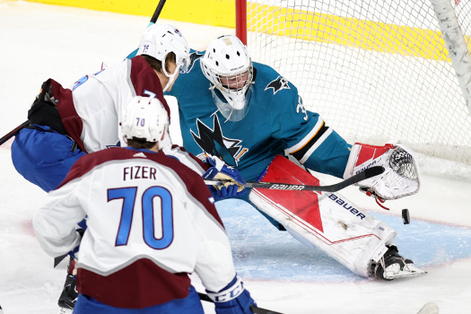 Sharks goalie Mason Beaupit makes a save on a shot from Sampo Ranta (75)