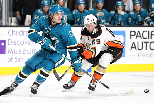 Thomas Bordeleau (17) and Logan Nijhoff (89) look for the puck