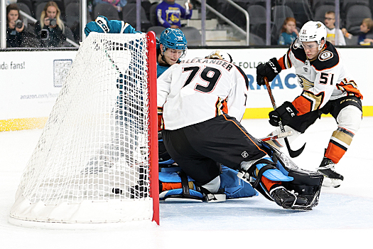 William Eklund (72) scores the overtime winning goal past Ducks goalie Gage Alexander