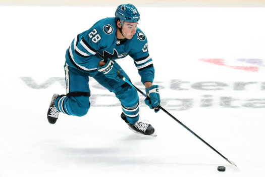 Timo Meier moves the puck up ice