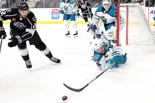 Barracuda's defenseman Ryan Merkley (6) swats the puck away from Alan Quine (22)