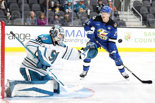 Barracuda's goalie Eetu Makiniemi reaches for the puck in front of Eagles forward Oskar Olausson (25)