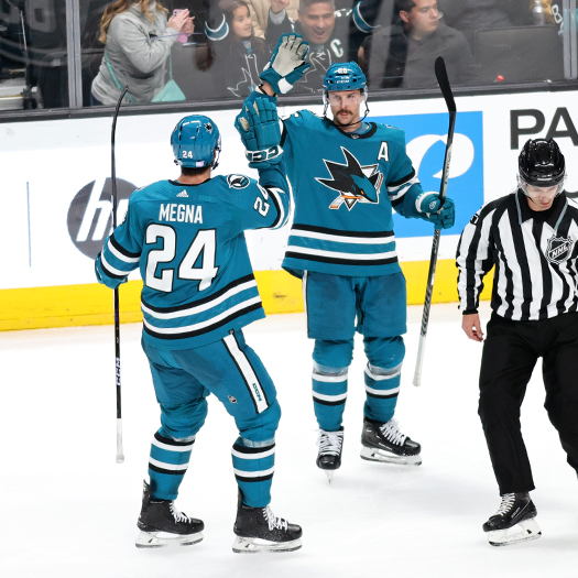Erik Karlsson (Right) celebrates his 3rd period game tying goal with Jaycob Megna (24)