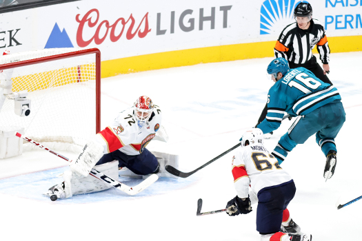 Panthers goalie Sergei Bobrovsky stops a breakaway shot attempt by Steven Lorentz (16) late in the 3rd period