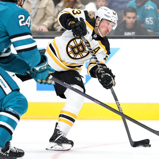 Bruins forward Brad Marchand (63) takes a shot on goal