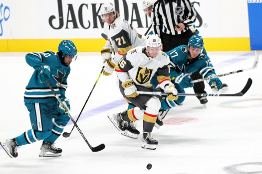 Anthony Duclair (10) Pavel Dorofeyev (16) and Thomas Bordeleau (17) chase after the puck