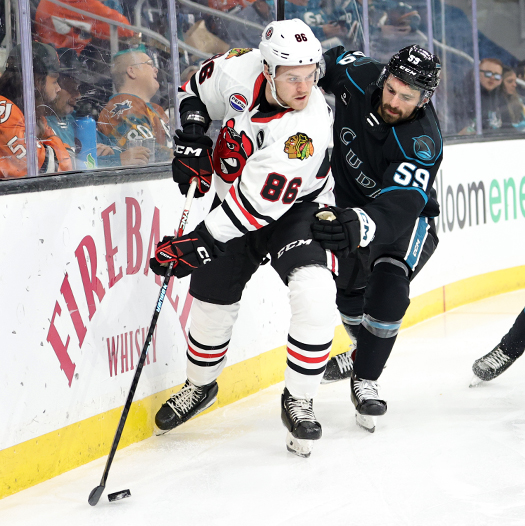 Icehogs forward Mike Hardman (86) looks to make a pass as Nick Cicek (59) defends