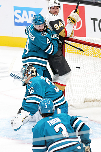 Michael Amadio (not pictured) opens the first period scoring as his shot eludes Sharks goalie Kaapo Kahkonen
