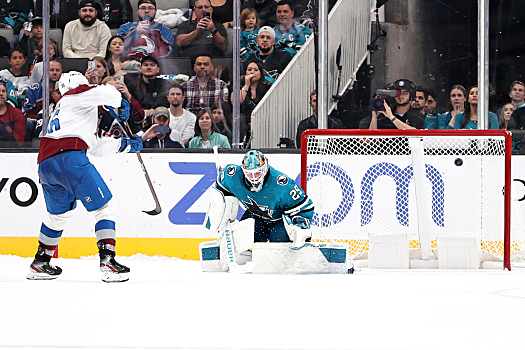Mikko Rantanen scores the winning shootout goal past Sharks goalie Mackenzie Blackwood