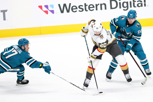 Sharks forward Thomas Bordeleleau (17) attempts to swipe the puck away from Chandlern Stepenson (20) as Alexander Barabanov (94) trails the play