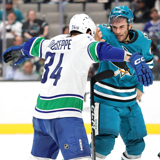 Phillip Di Giuseppe (34) and Luke Kunin fight during second period action