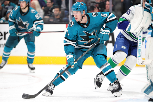 Sharks defenseman Ty Emberson defends in front of the net