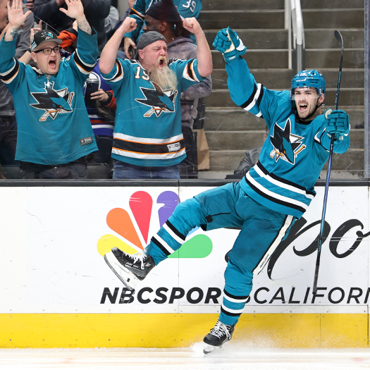 Sharks forward Filip Zadina celebrates his third period goal