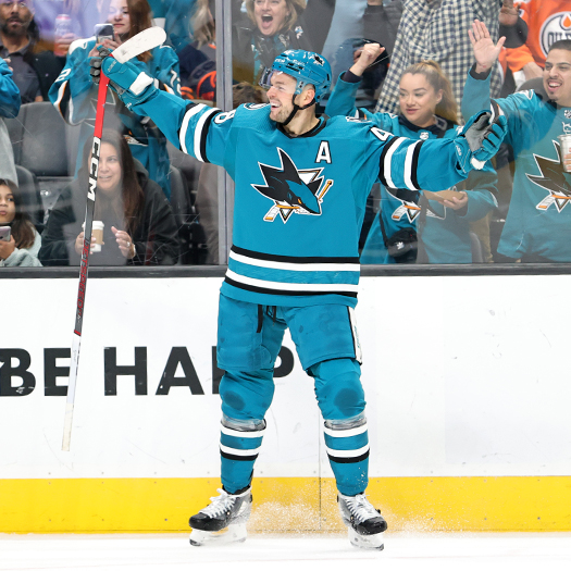 Sharks forward Tomas Hertl celebrates his second period goal