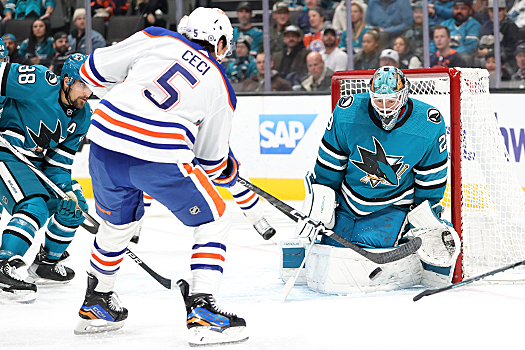 Sharks goalie Mackenzie Blackwood stops a shot by Cody Ceci (5)