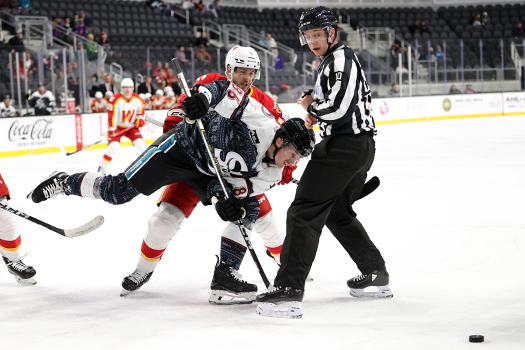 Bradley Marek (89) attempts to move past Linesman JakeBradley Marek (89) attempts to move past Linesman Jake Rennert to retrieve the puck after a face-off against Brett Sutter (7) Rennert to retrieve the puck after a face-off against Brett Sutter (7)