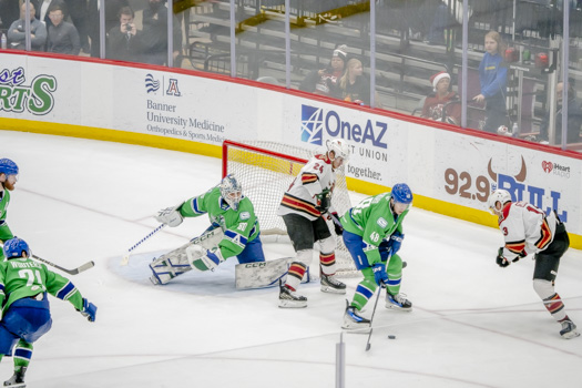 Canucks defenseman Cole McWard looks to gain control of the puck in the defensive zone