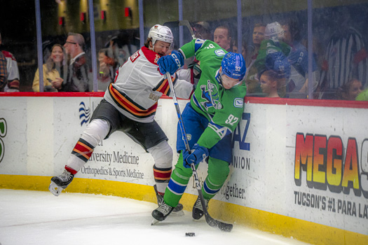 Ryan McGregor of Tucson battles along the boards with Abbotsford's Vasily Podkolzin